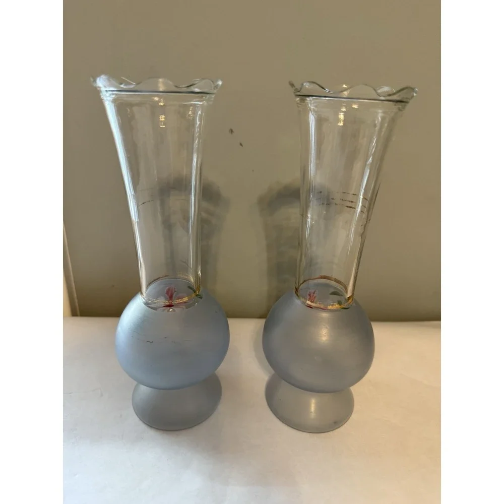 Pair Of 2 Bartlett Collins Vintage Clear - Frosted Glass Vases Hand Painted 9